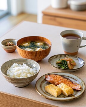 japanese breakfast set with grilled salmon, rice, dashimaki, natto, and miso soup