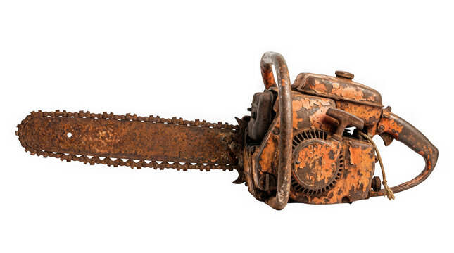 Old rusty vintage chainsaw isolated on transparent background