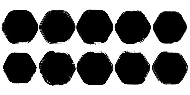 Black brushstroke shapes collection with hexagon and rounded rectangle silhouettes on a white background