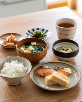 japanese breakfast set with grilled salmon, rice, dashimaki, natto, and miso soup