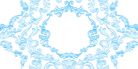 Fototapeta premium Classic vintage seamless pattern with elegant victorian filigree and blue flourishes. Antique ornamental wallpaer featuring intricate scrollwork, perfect for wedding design and rococo engraved print