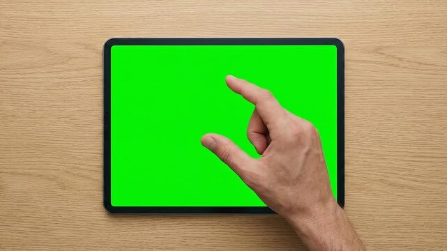 Tablet with green screen and pinch gesture on wooden table