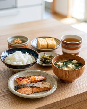 japanese breakfast set with grilled salmon, rice, dashimaki, natto, and miso soup