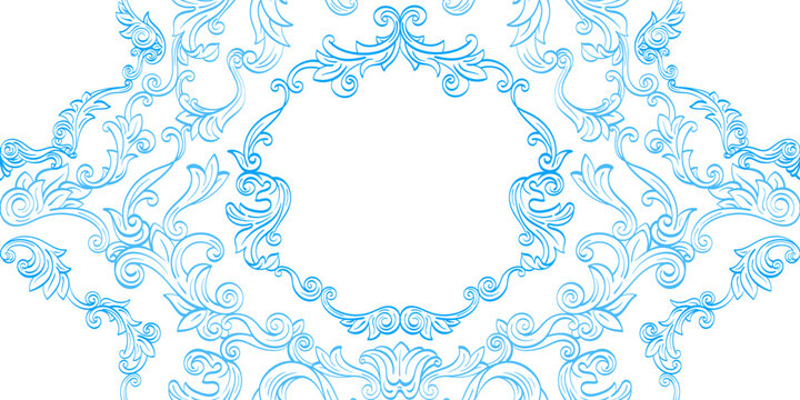Classic vintage seamless pattern with elegant victorian filigree and blue flourishes. Antique ornamental wallpaer featuring intricate scrollwork, perfect for wedding design and rococo engraved print