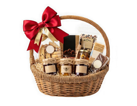 Gift basket with gourmet food items and red bow isolated on transparent background