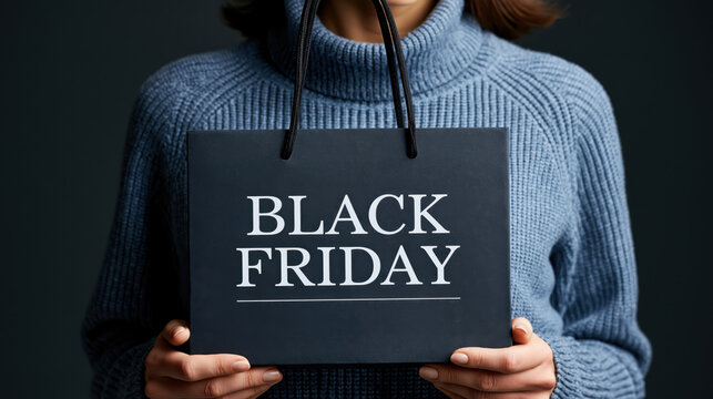 Shopping bag woman black friday sale sweater retail shopper discount dark shopping bag, young woman holding paper bag with seasonal promotion text, studio fashion detail