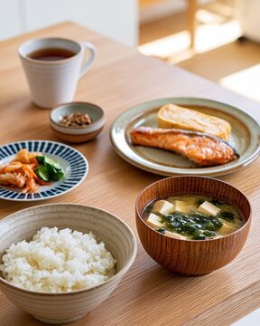 japanese breakfast set with grilled salmon, rice, dashimaki, natto, and miso soup