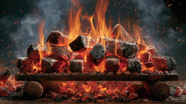 Flame ember spark smoke coal fire heat ash glowing close up, abstract close up view of burning charcoal with vivid orange flame, hot ember, rising smoke, and flying spark