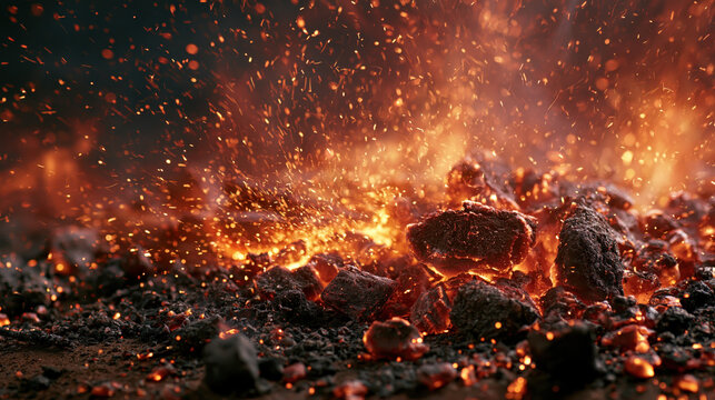 Ember fire spark glow coal ash flame heat close up abstract close up of glowing ember and fire spark with coal, ash, flame, heat, and orange light from burning fuel