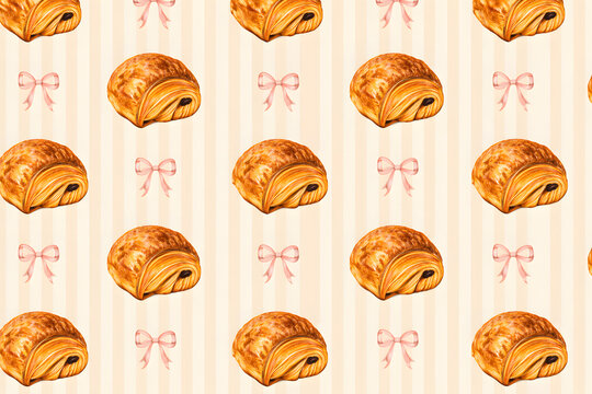 Hand-drawn seamless pattern featuring golden pain au chocolat and soft pink bows on a light cream striped background. Ideal for bakery packaging or textile design.