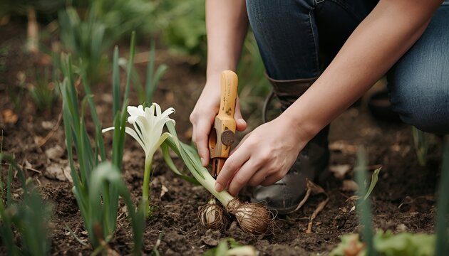 Woman pruning Welsh onion flowers in an organic vegetable garden, sustainable gardening and fresh produce cultivation with hands-on seasonal plant care