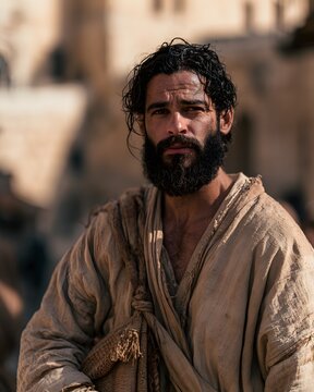 Portrait of a man in ancient middle eastern attire with a beard, standing in a sunlit outdoor setting