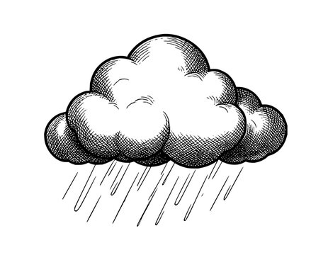 Engraved style illustration of a rain cloud with falling raindrops on white background