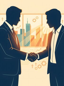 Vertical illustration of two businessmen shaking hands in front of a modern city office window to seal a corporate deal.