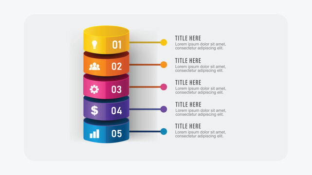 5 steps 3D cylinder column process infographic template with icons isolated on light background vector illustration
