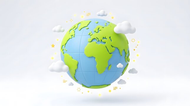 A stylized globe surrounded by fluffy white clouds on a clean white background
