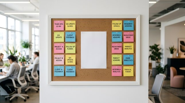 Bright office corkboard with colorful sticky notes and a blank whiteboard space