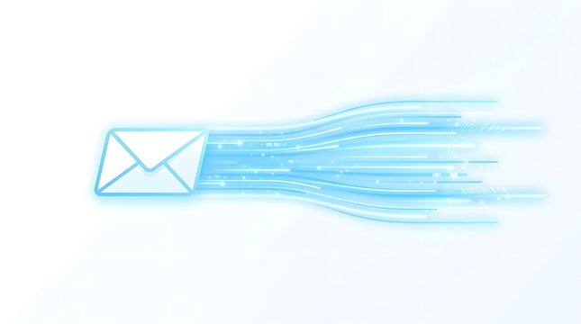 Abstract digital illustration of an email envelope with a flowing light trail