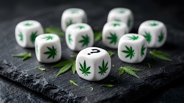 Cannabis infused ice cubes with marijuana leaves on a dark textured surface