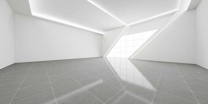 High resolution 3d render of futuristic interior with geometric shapes, tiled floor, ambient led lighting, clean lines, empty room, spacious copy space, modern showroom, sleek architectural design.