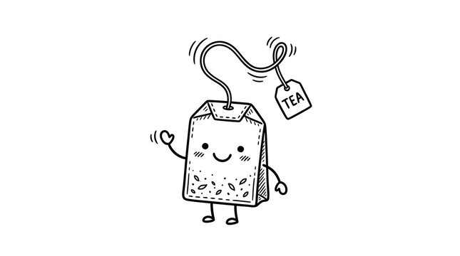 Cute tea bag character with visible tea leaves and label with text tea, black and white.