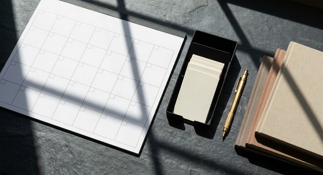 Blank Monthly Calendar Planner with Notebooks and Pen on Slate Desk