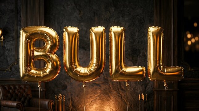 Golden metallic word bulle reflecting on a dark surface with dramatic lighting