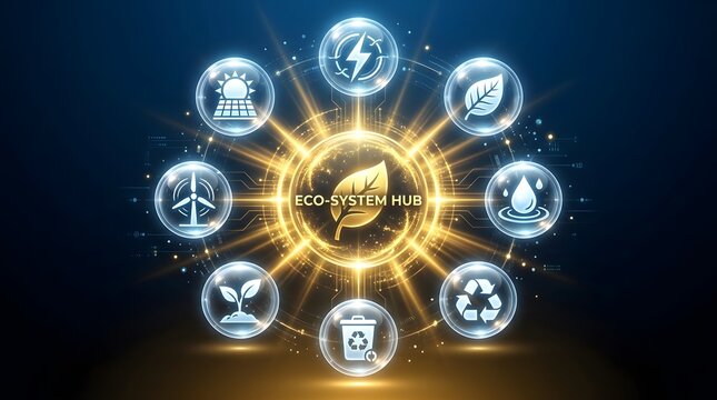 Futuristic technology concept with glowing digital icons surrounding a central core