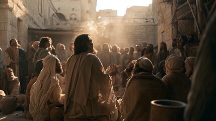 Fototapeta premium Jesus christ teaching a crowd of followers in a dusty ancient middle eastern village square at sunset