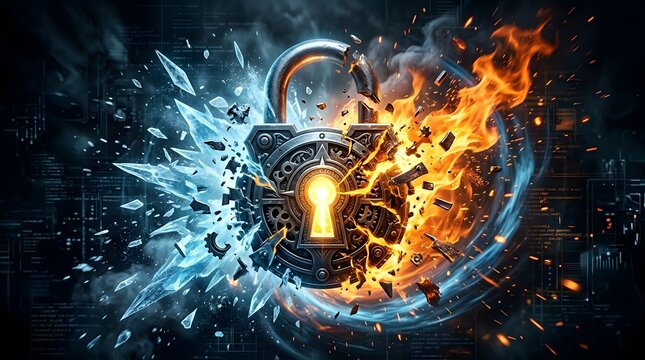 A padlock split between ice and fire representing security and digital conflict