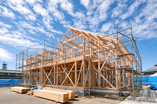 晴れた青空の下で進む木造住宅新築工事の骨組みと足場