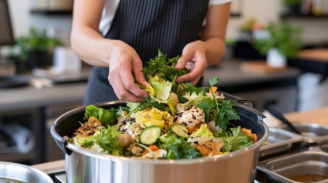 Chef sorting organic vegetable scraps and food leftovers for kitchen composting