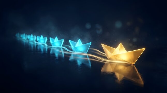 Abstract digital stars and golden crown on dark reflective background with light effects