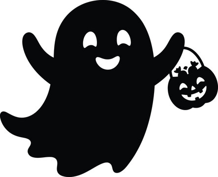Cute ghost silhouette holding pumpkin bucket black vector graphic for halloween party invitation.