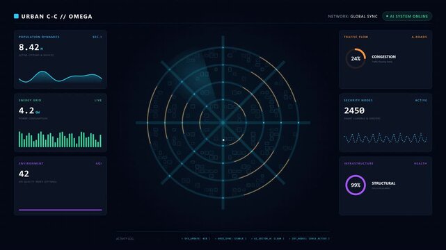 Futuristic smart city control center representing urban technology, digital infrastructure, connected systems, data monitoring, intelligent transportation, and modern city management.