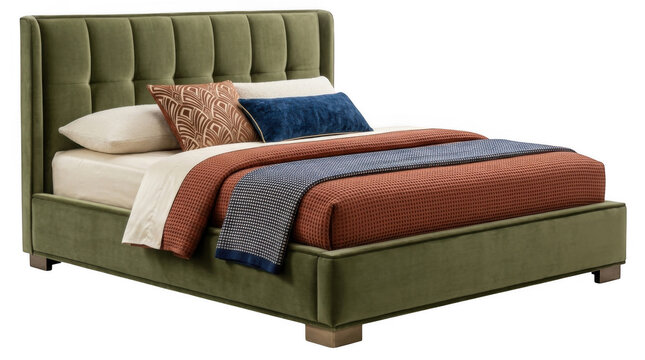 Modern green velvet upholstered bed frame with pillows and patterned bedding in a stylish bedroom interior isolated on transparent background