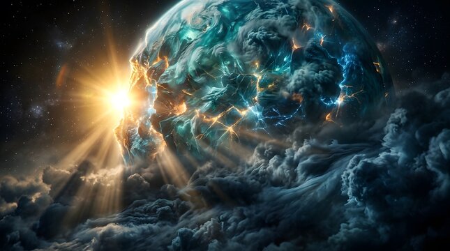 Dramatic view of earth from space with a bright sun flare and cloud formations