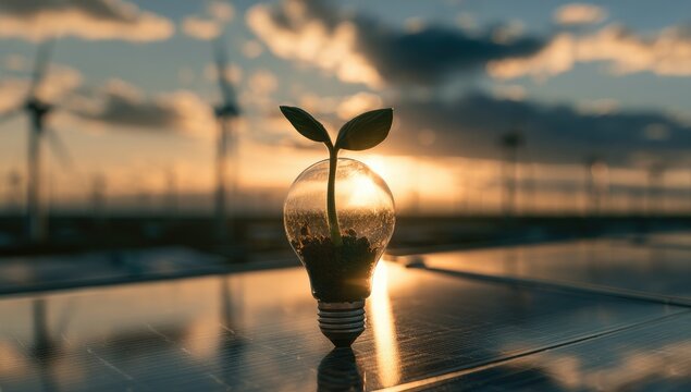 A small green plant growing inside a light bulb on a solar panel surface at sunset.