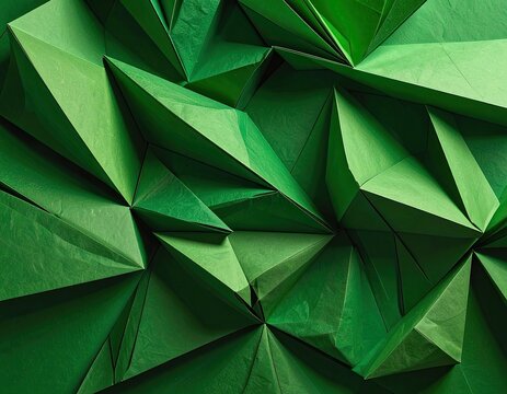 Geometric green origami forms create a textured abstract background.