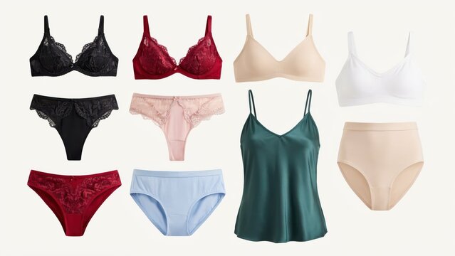 Collection of various womens lingerie and underwear isolated on white background