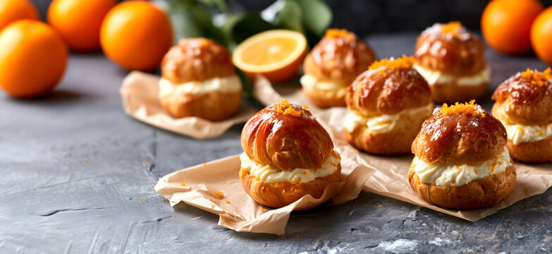 Creative food template. Homemade Cream puffs curd pastry dessert with cheese filling sugar sirup with orange zest fruit on parchment paper on dark grey stone surface. copy text space. Long banner 