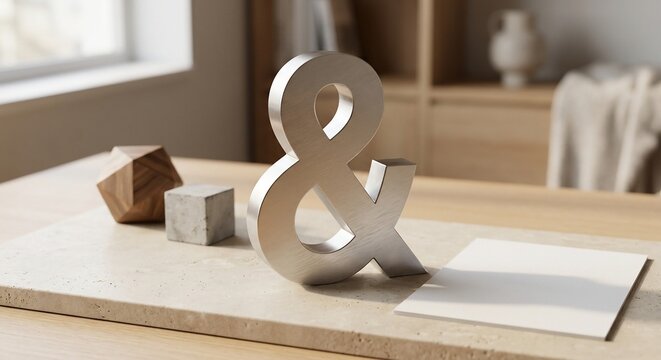 Metallic ampersand symbol sculpture on a modern table