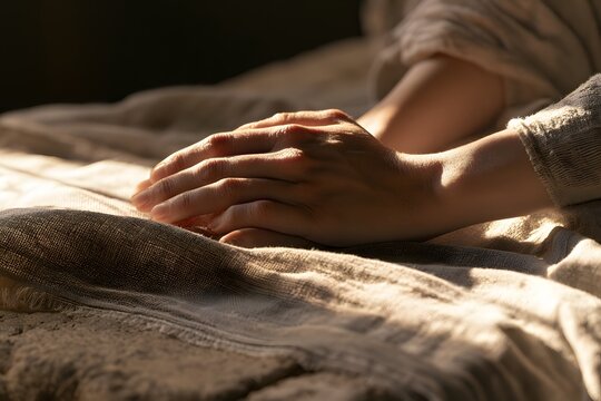 Human hands resting peacefully on rustic woven linen cloth in soft sunlight