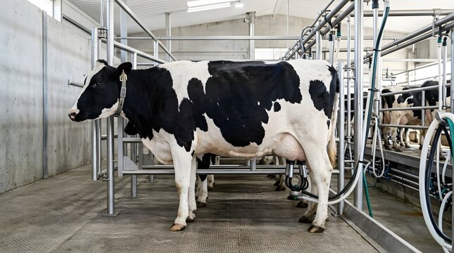 Full Side View Of Dairy Cow Standing In Automated Milking Parlor Stall