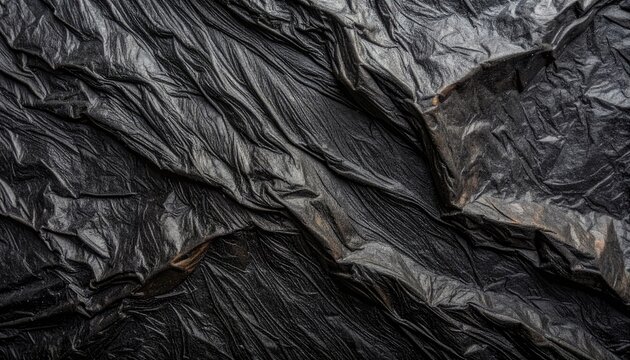 Close-up view of a crumpled black plastic texture.