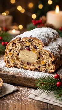 Sliced German Christmas Stollen bread with marzipan on a wooden board with festive bokeh lights