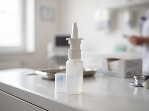 Nasal spray bottle on clean medical surface, softly blurred white background, healthcare concept. Close-up.
