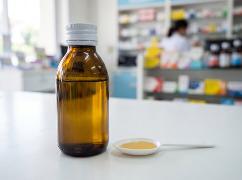 Medicine syrup bottle with small plastic spoon beside it, white surface, softly blurred pharmacy background, healthcare concept. Close-up.