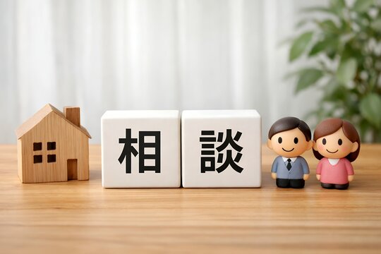 家族の未来と住宅購入を考える夫婦と「相談」ブロック家の模型