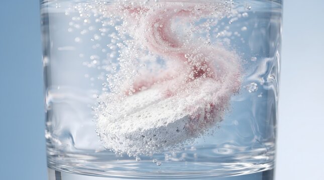 Close-up macro photograph of a white soluble tablet dissolving in a transparent glass of water, creating a vibrant pink swirl and a cloud of active effervescent bubbles against a clean light blue b...